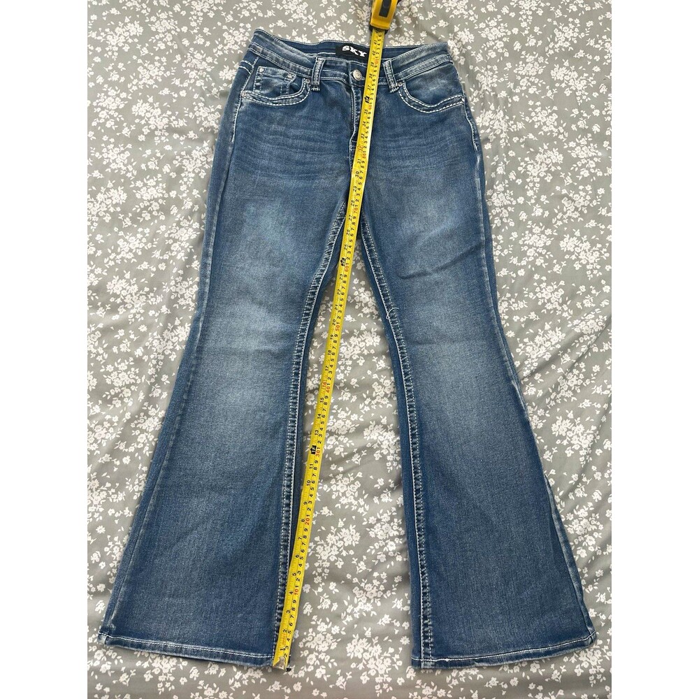 Sky Premium Collection Flare Jeans Size 9/10 Blue Rhinestone Angel Wing Y2K